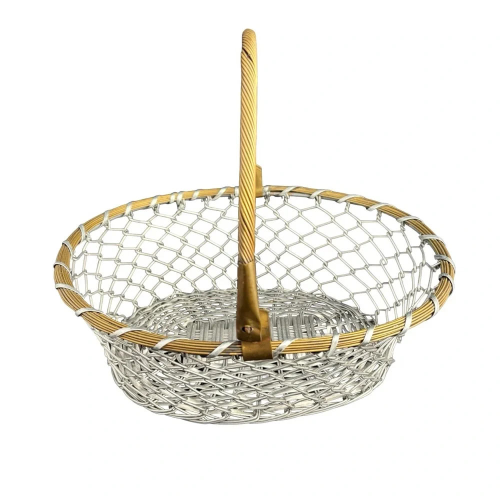 Vintage Mid-Century Silver & Gold Wire Basket with Hinged Handle
